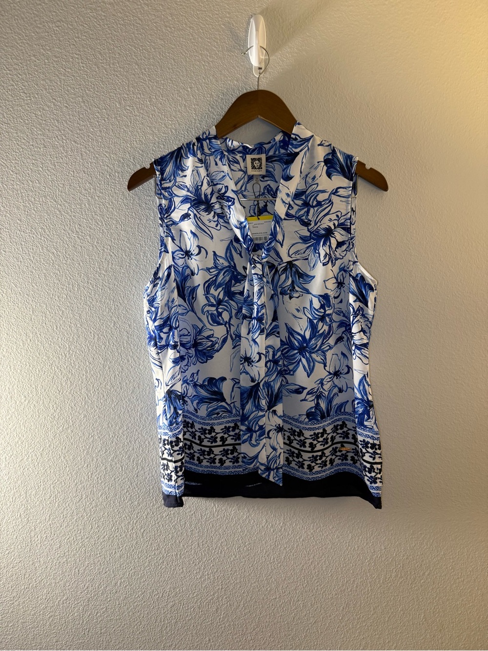 Anne Klein White and Blue Floral Sleeveless Tie-Neck Camisole - Picture 2 of 7